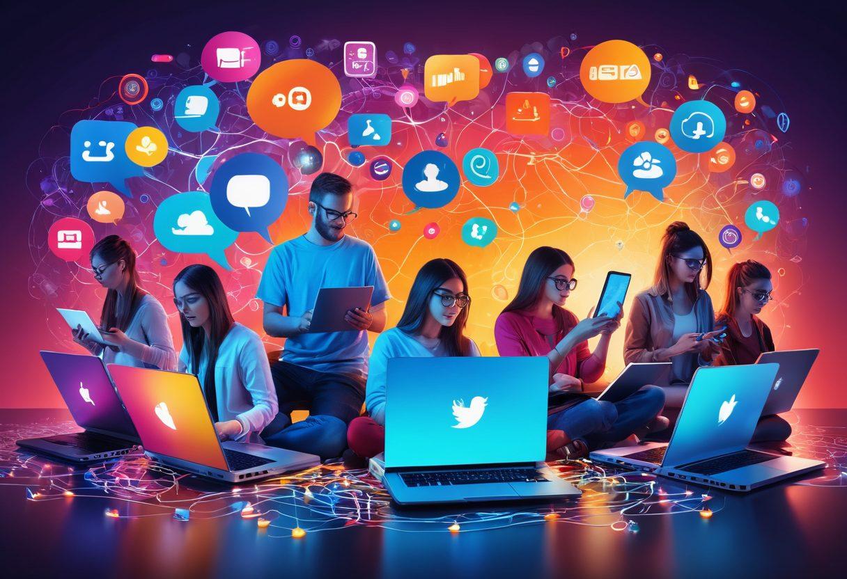 A dynamic illustration of diverse people engaged in blogging and online activities, surrounded by colorful digital elements like social media icons and chat bubbles. Vibrant energy radiates from a glowing laptop, symbolizing community and connection, with abstract pathways leading to various online platforms. Include a mix of technology and creativity, representing the essence of the EroTekki revolution. super-realistic. vibrant colors. digital art.