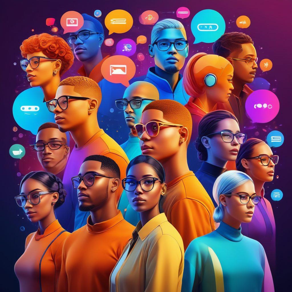 A vibrant digital collage of diverse individuals engaging in virtual discussions, surrounded by colorful avatars and icons representing technology and community. Include elements like chat bubbles, interconnected nodes, and abstract shapes symbolizing connection and interaction. The background should feature a sleek, futuristic design to convey the online environment. Use a bold color palette to emphasize warmth and inclusivity. super-realistic. vibrant colors. 3D.