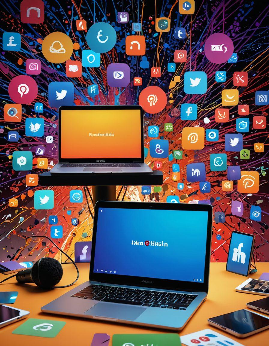 A digital landscape showcasing a vibrant fusion of content creation tools like a laptop, camera, and microphone, intertwined with social media icons symbolizing interaction. Bright, dynamic pathways connecting various characters engaged in discussions and creativity, set against a backdrop of abstract tech patterns that represent EroTekki's innovative spirit. super-realistic. vibrant colors. 3D.